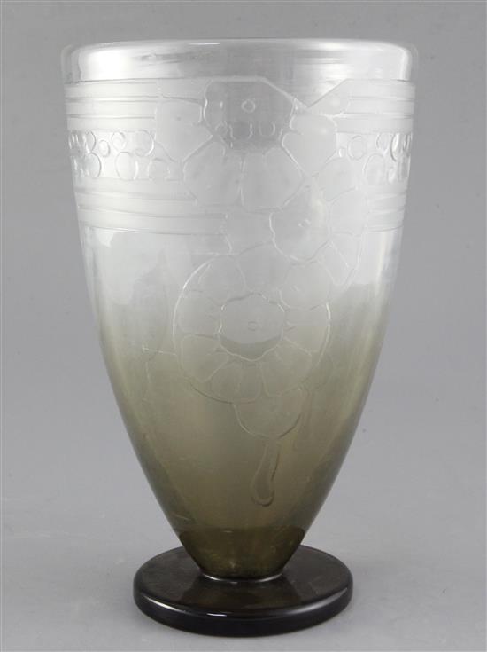 An Art Deco Schneider clear and frosted smoky etched glass vase, 1920s, height 27.5cm